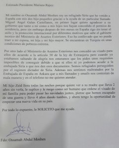 La carta enviada por Osama Abdul Mohsen a Rajoy.