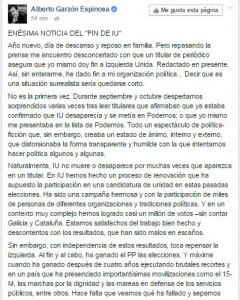 Comentario de Alberto Garzón en Facebook, en la que responde a una noticia de 'El País', sobre su supuestos planes para "poner fin a IU".