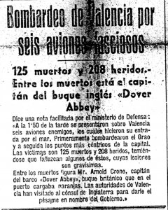 Un recorte de periódico que informaba del bombardeo de Valencia por seis aviones fasciosos.