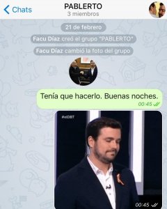 Mensaje inicial del grupo 'Pablerto' facilitado por Facu Díaz.