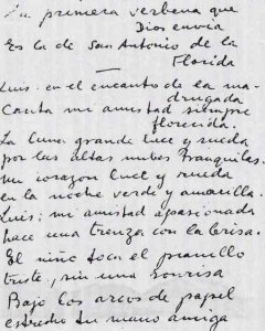 Versos de Lorca escritos en el reverso de la fotografía en la que aparecen el poeta y Luis Buñuel en una avioneta.  Filmoteca Nacional, Archivo Buñuel