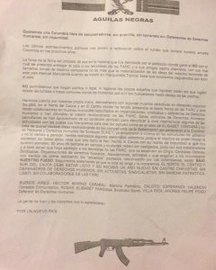 Un panfleto de amenazas de muerte a activistas colombianos de la región del Cauca.