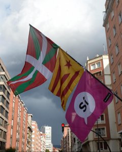 Un manifestante porta un mástil con las banderas vasca, catalana y el 'sí' del referéndum del 1-O, en la manifestación en Bilbao del pasado 16 de septiembre a favor del derecho a decidir. REUTERS/Vincent West