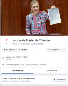 Evento en Facebook 'Lectura de Máster de Cifuentes'