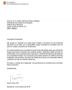 Imagen de la carta de Quim Torra a Pedro Sánchez.