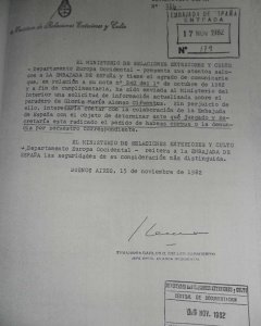 Respuesta del Gobierno argentino a la embajada española en Buenos Aires en relación a Felicidad Abadía Crespo.