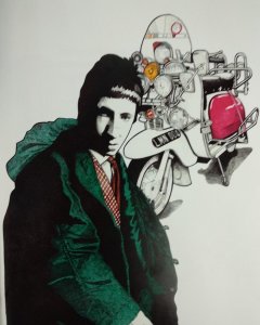 Pete Townshend con una parka militar y una lambretta al fondo (ilustración de Tete Navarro)