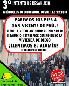 Cartel de la concentración convocada para frenar el desalojo de Diego Catriel el 18 de diciembre en Guadalajara. / Plataforma de Afectados por la Hipoteca (PAH)