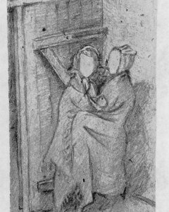 Neús y Titi bajo las bombas en Ravensbrük en el dibujo de una compañera del campo de exterminio.