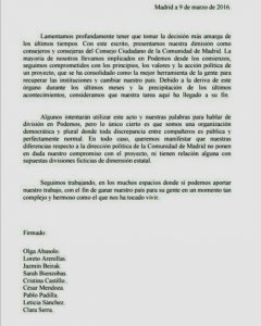 Imagen de la carta de los nueve miembros del consejo autonómico de Podemos en Madrid en la que anuncian que abandonan sus cargos