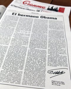 Detalle del artículo impreso del líder cubano Fidel Castro titulado 'El hermano Obama' publicado en La Habana. EFE/Ernesto Mastrascusa