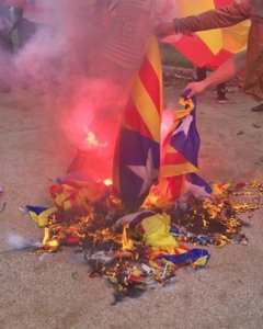 Varios manifestantes queman banderas independentistas en la marcha de la ultraderecha en Barcelona./ EP