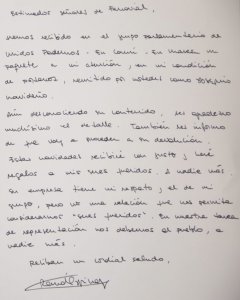 Carta del senador de Podemos Ramón Espinar a Ferrovial para devolverle su regalo de Navidad.