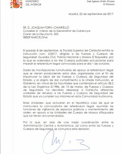 Carta del ministre Zoido al conseller d'Interior Forn.