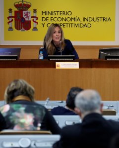 La secretaria general del Tesoro y Política Financiera, Emma Navarro, durante la rueda de prensa que ha ofrecido para explicar el programa de emisiones de deuda para 2018. EFE/ J.J. Guillen