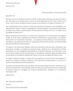 Burofax del alcalde de Rivas-Vaciamadrid pidiendo a TVE una rectificación.
