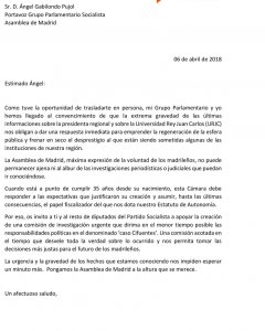 Carta de Ciudadanos en la que piden a PSOE, Podemos y PP que apoyen la comisión de investigación