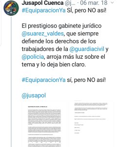 Tuit de Jusapol Cuenca alabando el bufete de abogados del marido de Villacís.