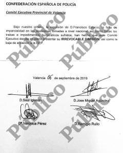 Carta de dimisión del Comité Ejecutivo Provincial de la CEP de Valencia.