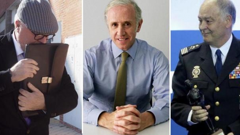 De izquierda a derecha, el excomisario José Manuel Villarejo, el periodista Eduardo Inda, y el ex número dos de la Policía Eugenio Pino. EFE