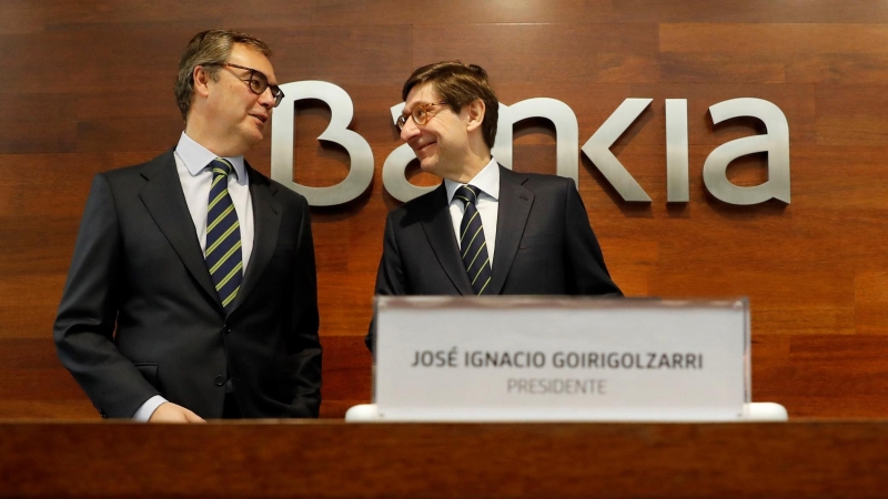 El presidente de Bankia, José Ignacio Goirigolzarri, con el  consejero delegado José Sevilla, en la presentación del Plan Estratégico 2018-2020 de la entidad. EFE/Juan Carlos Hidalgo