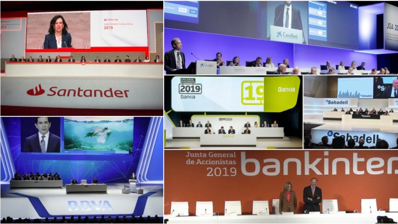 Imágenes de las últimas juntas de accionistas de los principales bancos españoles: Banco Santander, BBVA, Caixabank, Bankia, Banco Sabadell, y Bankinter. EFE/REUTERS