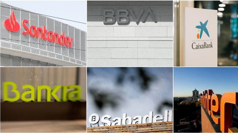 Logos de los seis grandes bancos del Ibex 35: Banco Santander, BBVA, Caixabank, Bankia, Banco Sabadell, y Bankinter. REUTERS/EFE
