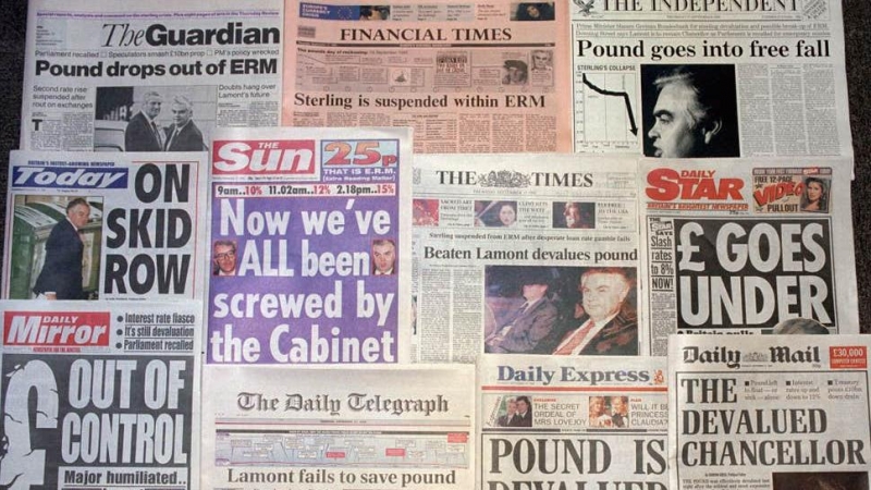 Portadas de los periódicos británicos de septiembre de 1992, tras el llamado Miércoles Negro en el que la libra sufrió un fuerte ataque de especuladores que provocaron su devaualción.