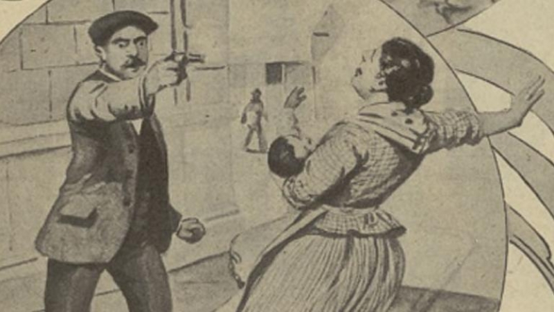 Ilustración de la noticia 'Cinco tiros a una mujer' en Bilbao, publicado en 'Las Ocurrencias' en 1911.