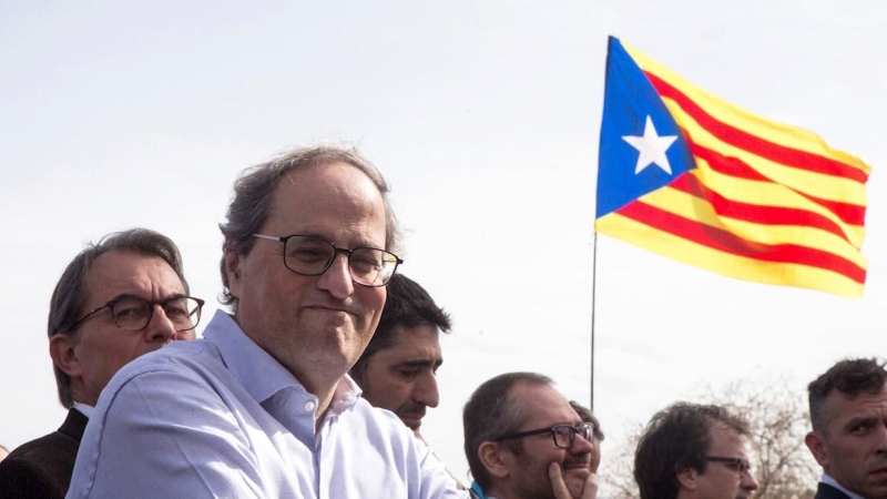 El presidente de la Generalitat, Quim Torra, durante el acto político celebrado este sábado en un parque de la localidad francesa de Perpiñán. EFE