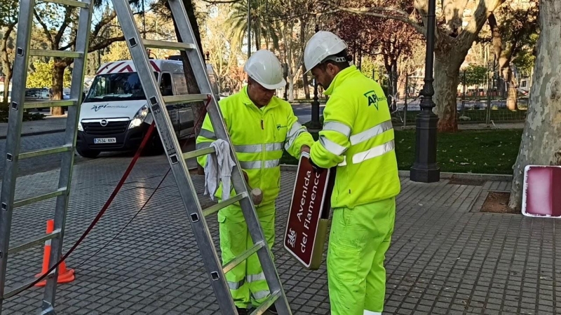 Operarios quitando la placa de la Avenida del Flamenco (Córdoba) / Captura de Youtube