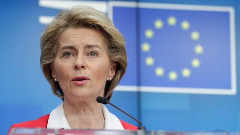 Brussels (Belgium), 17/03/2020.- European Commission President Ursula Von Der Leyen gives a joint press conference with (not pictured) European Council President Charles Michel after a video conference of the European Council on EU action on Coronavirus,