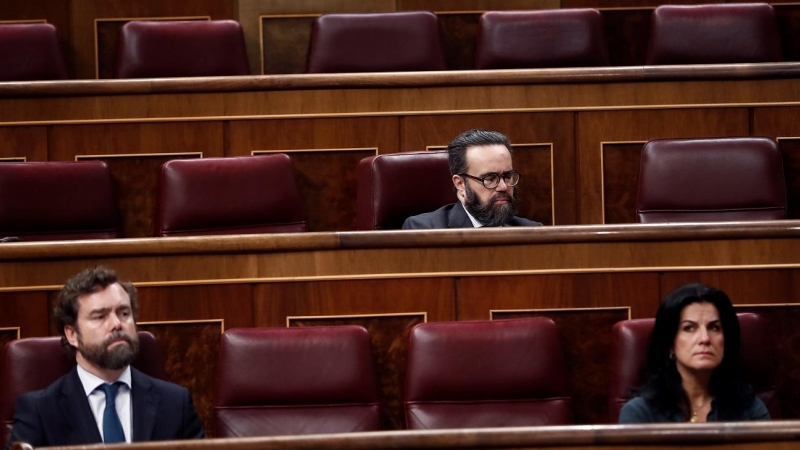 18/03/2020.-  Los diputados de Vox Iván Espinosa de los Monteros (i), José María Sánchez García (arriba) y María de la Cabeza Ruiz Solás en el Congreso. / EFE - MARISCAL