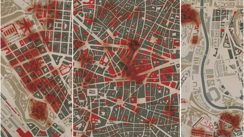 Mapa de los bombardeos durante la guerra civil en Argüelles, Carabanchel-Latina y el centro de Madrid. / ENRIQUE BORDES Y LUIS DE SOBRÓN