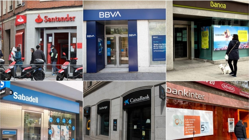 Oficinas de los seis grandes bancos españoles, Santader, Bankia, BBVA, Caixabank, Bankinter y Sabadell. E.P./EFE