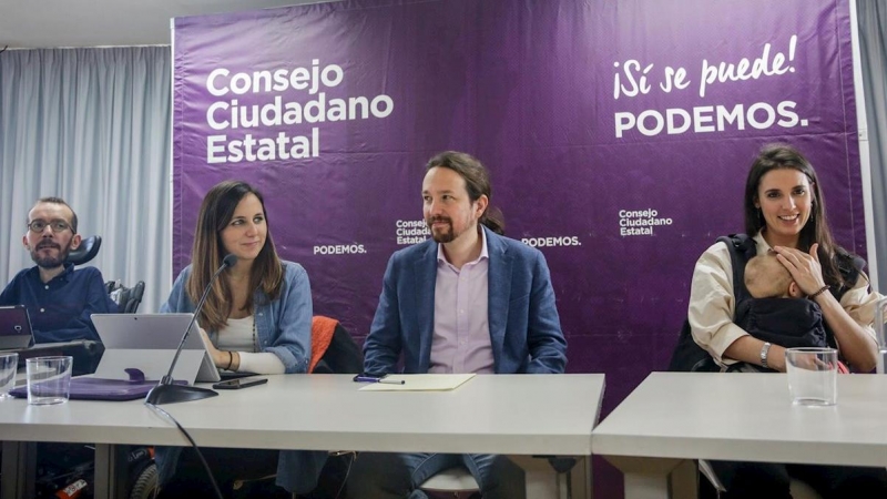 El secretario general de Podemos, Pablo Iglesias, junto a los dirigentes Irene Montero, Ione Belarra y Pablo Echenique - RICARDO RUBIO - EUROPA PRESS - ARCHIVO