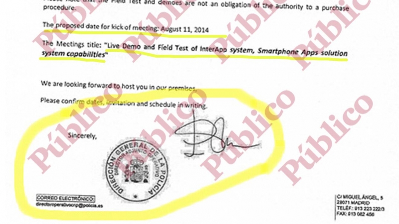 Firma y sello de Eugenio Pino como Director Adjunto Operativo de la Policía Nacional, en la carta invitando a los técnicos israelíes para las pruebas de campo del sistema de espionaje de móviles.