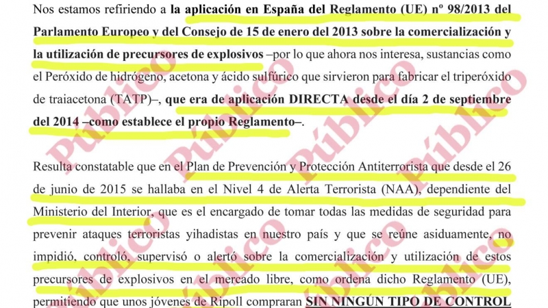Fragmento de las conclusiones de la defensa de las víctimas del 17-A sobre el incumplimiento por España del reglamento de la UE sobre comercialización de precursores de explosivos.