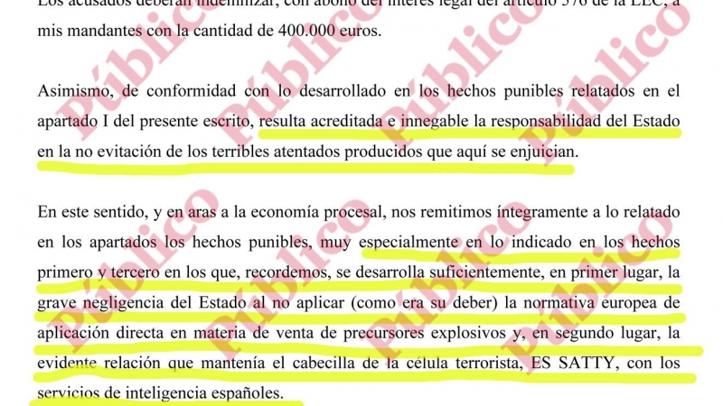 Arranque del capítulo VI de las conclusiones de la defensa de las víctimas de los atentados del 17-A imputando 'responsabilidad directa del Estado por negligencia y dejación de funciones'.