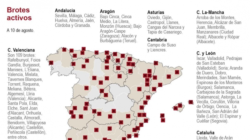 Mapa de brotes activos en España, a 10 de agosto de 2020. Efe.