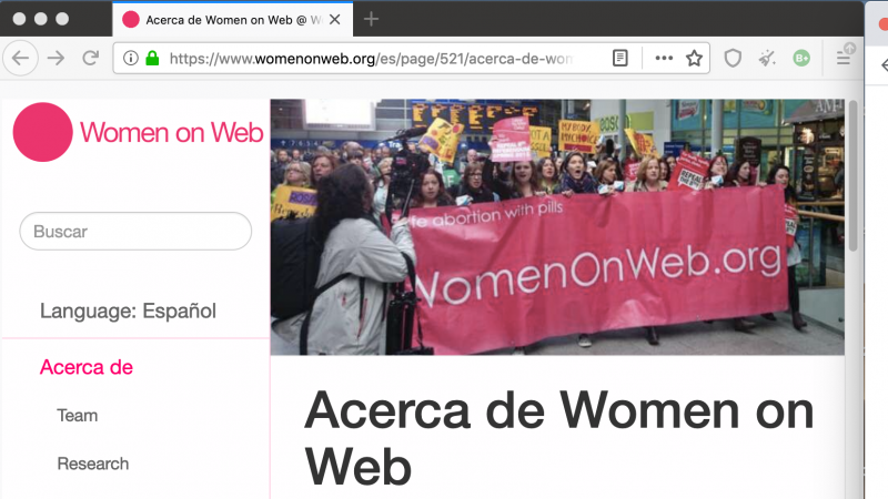 La página de la oenegé Woman on Web bloqueada por Telefónica / Movistar, visible desde el navegador Tor.