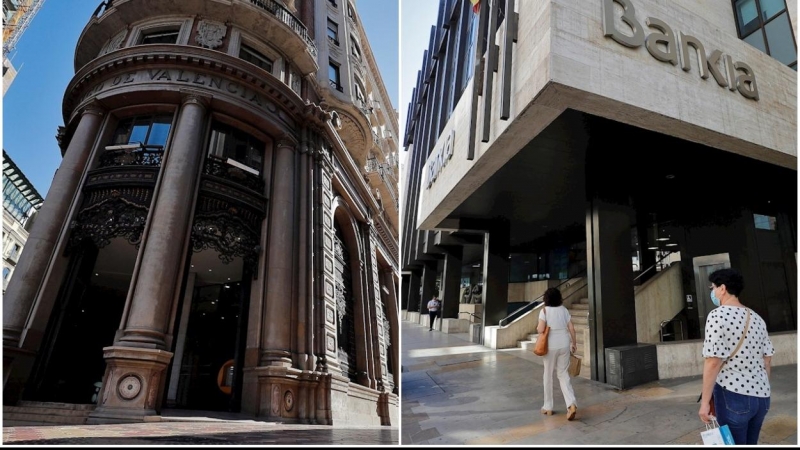 Las actuales sedes en Valencia de Caixabank y de Bankia, ambas en la calle Pintor Sorolla. EFE/REUTERS