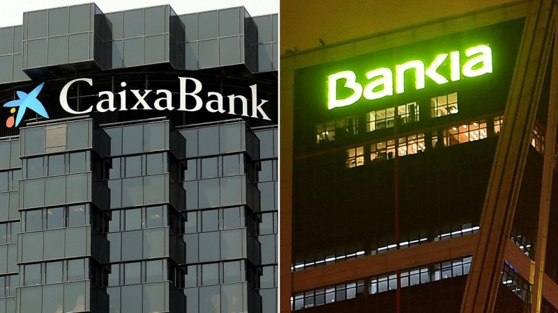 La sede de Caixabank en Barcelona, y la de Bankia en Madrid. AFP