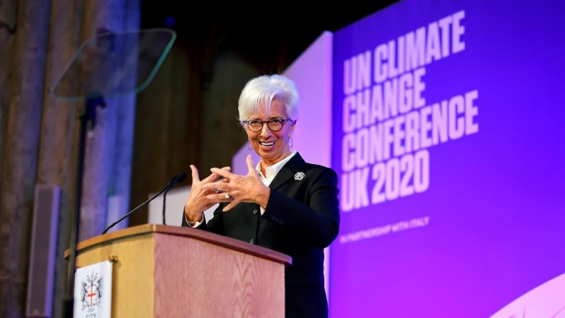 La presidenta del BCE, Christine Lagarde, en un acto sobre la Conferencia de las Naciones Unidas sobre el Cambio Climático (COP26) de 2020, en Londres. REUTERS