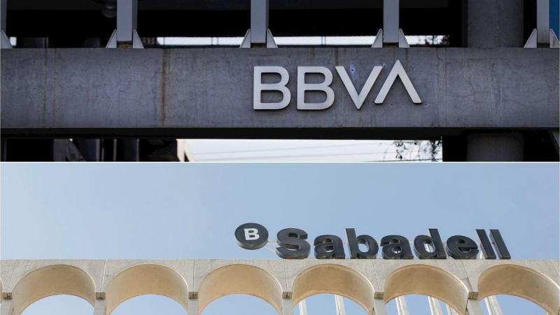 Los logos de BBVA y Banco Sabadell, en sus respectivas sedes en la zona norte de Madrid y en Alicante.