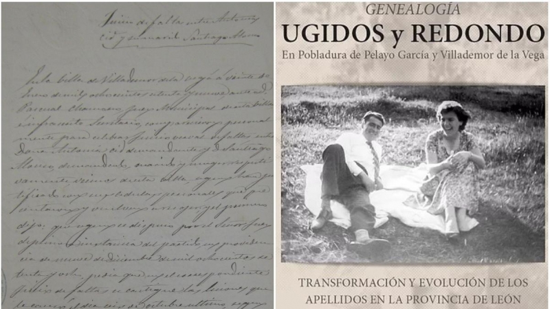 Proceso judicial contra el marido de Antonia Cid y portada de 'Genealogía Ugidos y Redondo'.