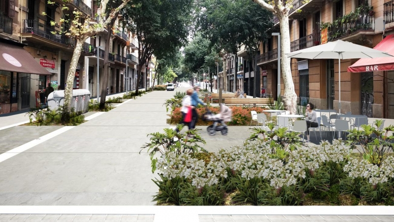 Simulació de com podria ser la futura superilla del carrer Girona i entorns.