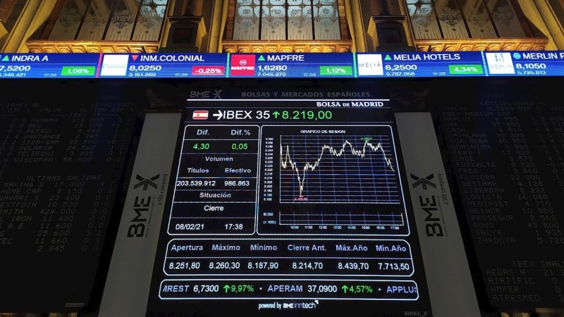 Un panel muestra la evolución del IBEX 35 en el interior de la Bolsa de Madrid. EFE/ Vega Alonso