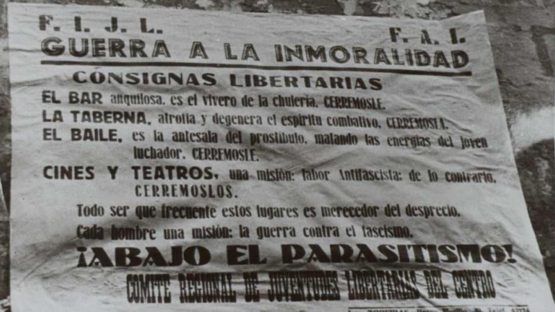 Cartel libertario contra el alcohol en un pared de Barbastro. Biblioteca Nacional de España