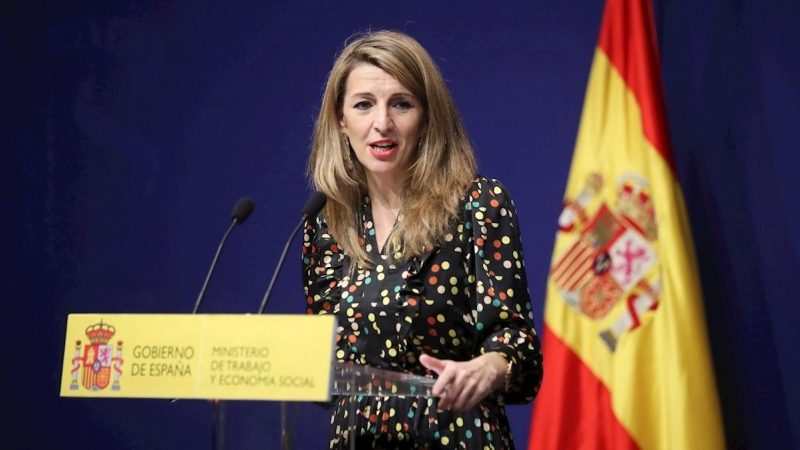 La ministra de Trabajo y Economía Social, Yolanda Díaz, este jueves en la sede del Ministerio en Madrid.